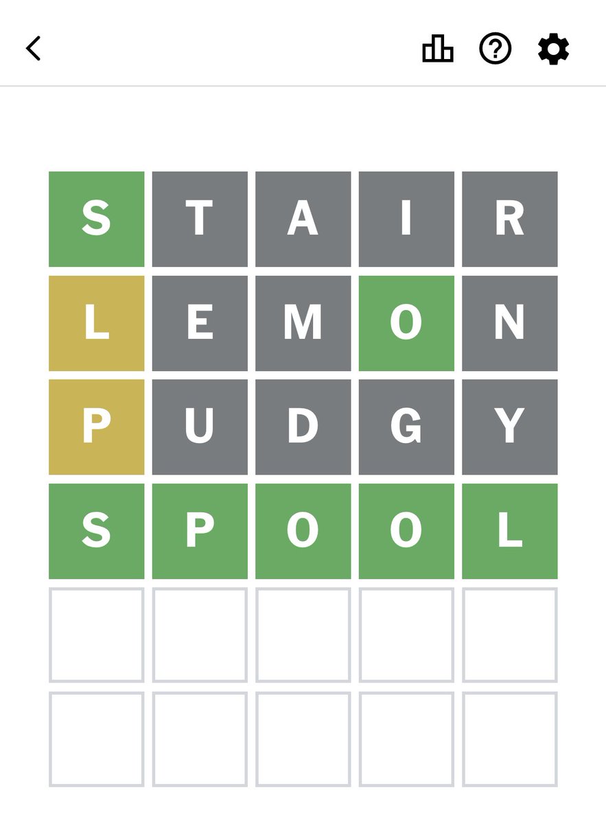 rudy_betrayed's tweet image. I’ve cracked wordle

If you play STAIR, LEMON, then PUDGY you optimize your letter usage among 15 of the most common letters with no repeats 

After that, you always have enough information to correctly guess the word on the fourth turn