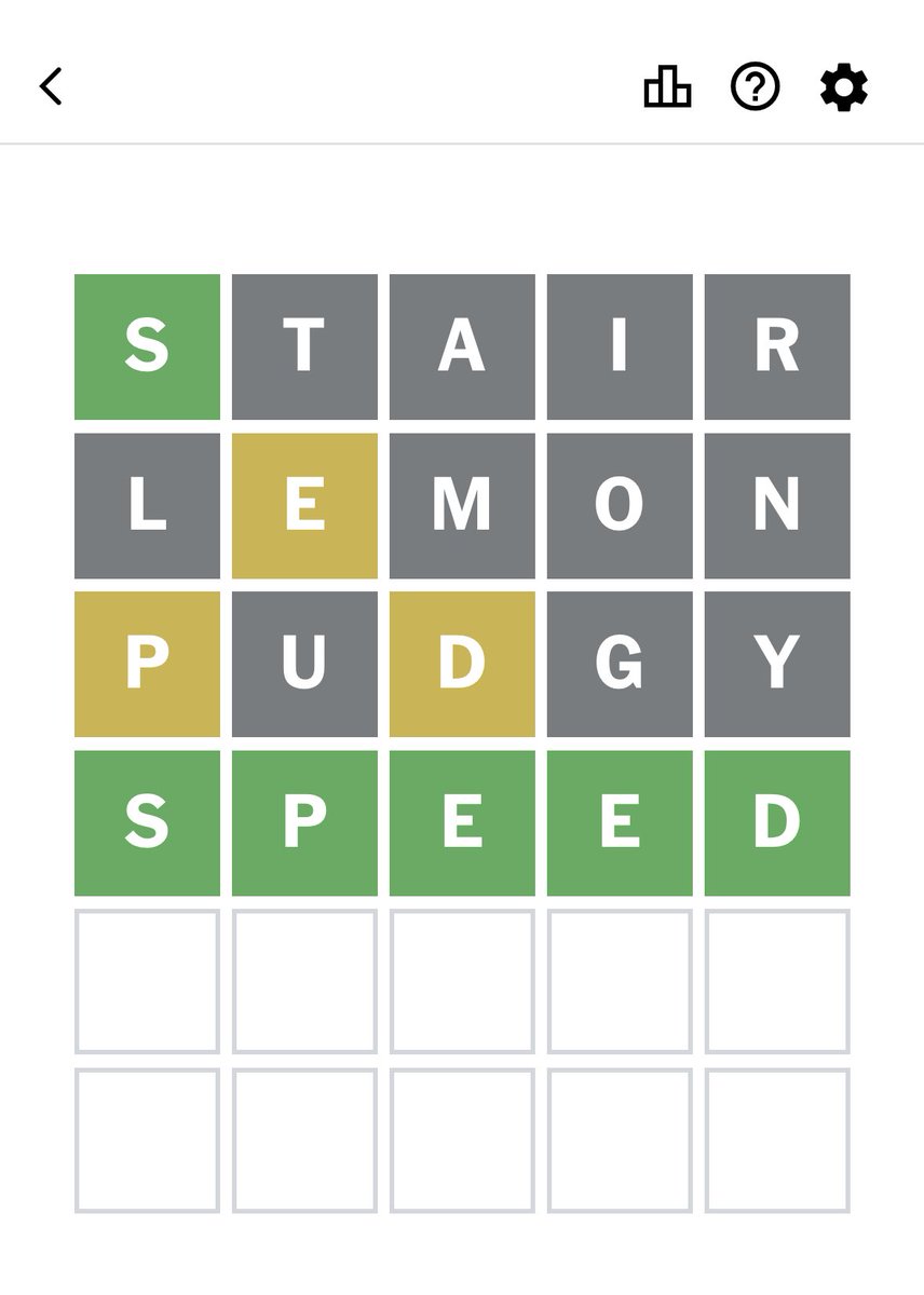 rudy_betrayed's tweet image. I’ve cracked wordle

If you play STAIR, LEMON, then PUDGY you optimize your letter usage among 15 of the most common letters with no repeats 

After that, you always have enough information to correctly guess the word on the fourth turn