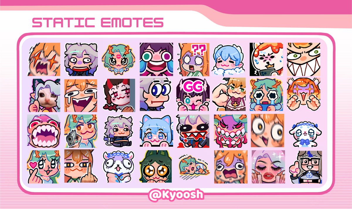 Kyoosh's tweet image. Work examples! ᯓ★ 

Static emotes, animated emotes, YCH emotes (join my munching family) and character designs! 💖