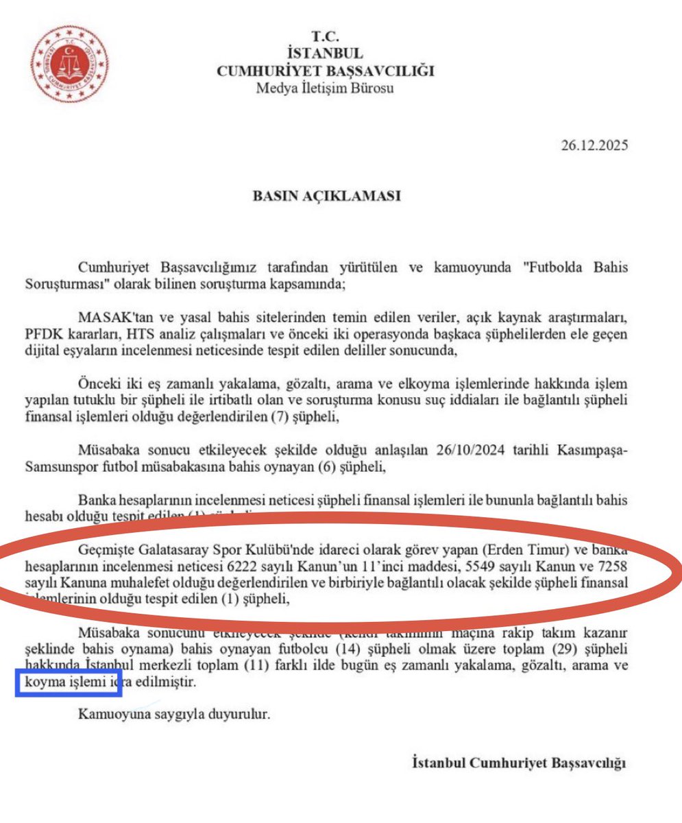 <a href="/devefitratliogl/">Deve Fıratlıoğlu</a> O iş oyle degil DEVE kardes

Bak savcılık acıklaması şöyle 👇🏻👇🏻👇🏻

savcılığın açıklamasında sadece para transfer ve aklama ( 5349 sayılı kanun ) değil, 

6222 Sayılı yasa ( Belirli bir spor müsabakasının sonucunu etkilemek amacıyla bir başkasına kazanç veya sair menfaat temin