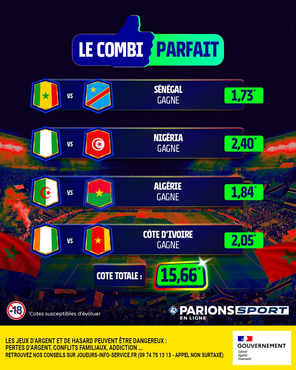 ParionsSport_EL's tweet image. LE VOILÀ votre #CombiParfait spécial CAN du week-end ! 🔥🌍

Si ça fait 3/4 👉 5x20€ de Freebets
Vous avez tout bon ? 👉 10x20€ de Freebets

Pour jouer : RT + Follow
🗓️ TAS le 29/12
📃 Règlement : bit.ly/45Ljuky