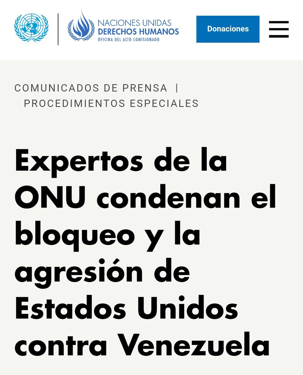 Expertos de la ONU denunciaron que el bloqueo marítimo impuesto por Estados Unidos a #Venezuela viola las normas fundamentales del derecho internacional y pone en peligro los #DDHH del pueblo venezolano 👇

ohchr.org/es/press-relea…