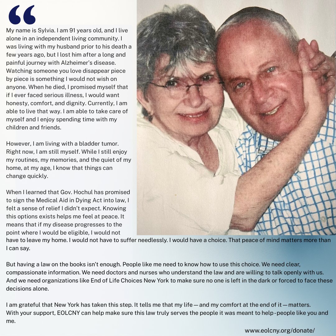 Passing medical aid in dying in NY is just the first step in making this option available. If you support this choice, please make a donation today to provide the education and outreach necessary so we can make sure this is available to you and your loved ones. #eolcny #MAID #eol