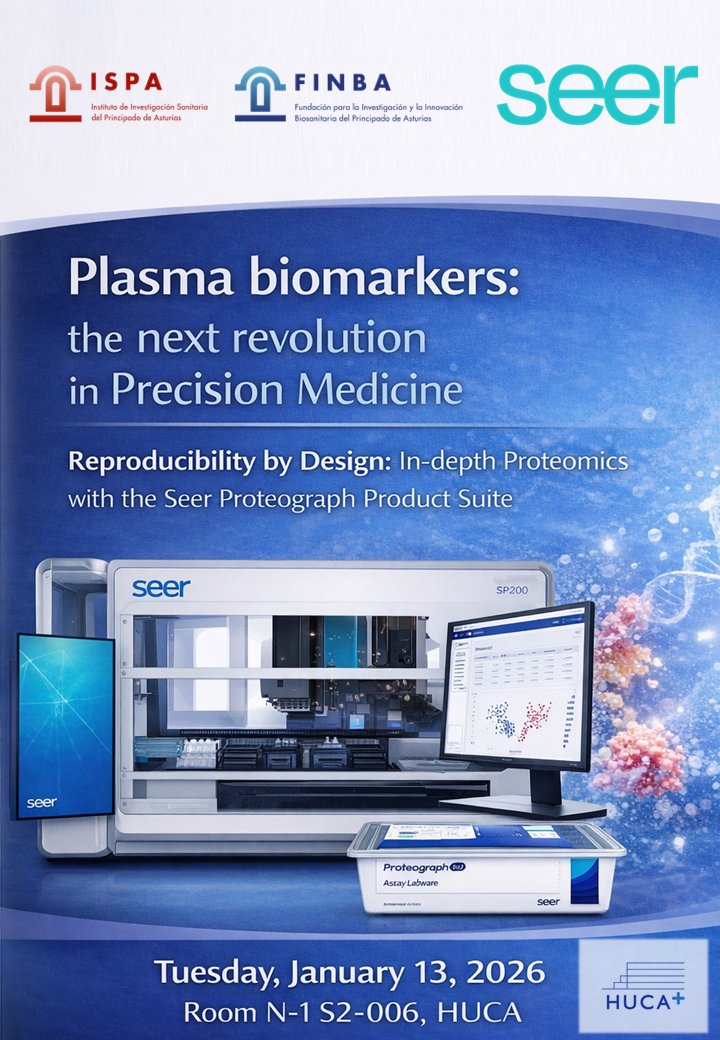 FINBAsturias's tweet photo. "Plasma biomarkers: the next revolution in Precision Medicine", workshop organizado por la Plataforma de Proteómica del #ISPA con presentación de equipos de Seer.
Martes 13/1 a las 10 en la sala N-1 S2 006 @HUCA_Asturias.
Más información e inscripciones en https://t.co/WisJdy0v9w https://t.co/uDKQgGZOqp