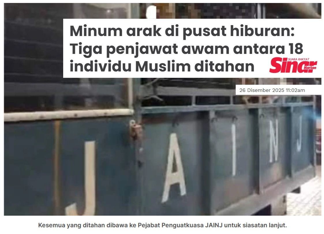 Celaka! Umat #Kristian sedang sambut #Krismas, mereka ini pula menyibuk minum #arak.

Tiga penjawat awam antara 18 individu #Muslim ditahan dalam satu operasi penguat kuasa jabatan agama #islam.

#BeritaMIM di sinarharian.com.my/article/761819…