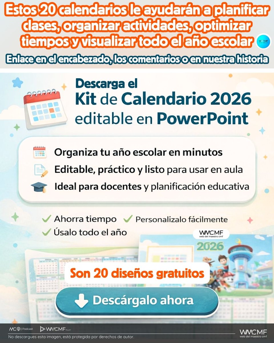 cmf_w's tweet photo. 20 calendarios 2026: organización, planificación y diseño al servicio de la educación. Enlace: https://t.co/9AFqRNROfG
#fblifestyle #calendario2026 #docentes #planificaciondocente #organizarescolar #recursoseducativos #materialdocente #powerpointeducativo #Chile #Perú #Argentina #Colombia #México #España #Bolivia #Uruguay #Paraguay #Brasil #Ecuador #Venezuela
👉 Esta imagen está protegida y no puede descargarse ni publicarse en otros perfiles. 📌 Para difundirla correctamente, utiliza el botón Compartir y así respetamos su difusión original.
Gracias por apoyar este proyecto educativo.
🔹🔹🔹
📌 1. SUSCRÍBETE, APÓYANOS Y AYÚDANOS A CRECER
Apoya este proyecto educativo y ayúdanos a seguir creando recursos, artículos y materiales de valor para docentes de Latinoamérica y España. Tu suscripción fortalece una comunidad educativa que necesita apoyo real.
👉 Suscríbete aquí:
https://t.co/PMo6VisHyL
📌 2. TE INVITAMOS A SEGUIR A JORGE MAURICIO
🌐 Facebook (perfil personal):
https://t.co/MdGF3K5eWp
📌 3. SÍGUENOS EN NUESTROS GRUPOS DE FACEBOOK
📘 Web del Maestro CMF:
https://t.co/tgHmQLlWvm
📘 WMCMF Play:
https://t.co/Q0ezeI8zVy
📘 Maestros de Corazón – Podcast Educativos:
https://t.co/vHBKIdOupJ
📌 4. ÚNETE A NUESTROS CANALES OFICIALES (META)
📢 Canal de Facebook (mensajes):
https://t.co/fUTZCCQTmb
📢 Canal oficial de WhatsApp:
https://t.co/gL0JARokwI
📌 5. SÍGUENOS EN NUESTRAS REDES META
📘 Facebook Web del Maestro CMF:
https://t.co/TrSQA58HfM
📘 Facebook Maestros de Corazón – Podcast Educativos:
https://t.co/bq7m9No2kx
📘 Facebook WMCMF Play:
https://t.co/iC67su7YVg
📸 Instagram:
https://t.co/0SN3ZGH3Go
🌀 Threads:
https://t.co/Muj12nwjLy
📌 6. TE INVITAMOS A SEGUIR A JORGE MAURICIO
🌐 Facebook (perfil personal):
https://t.co/MdGF3K5eWp