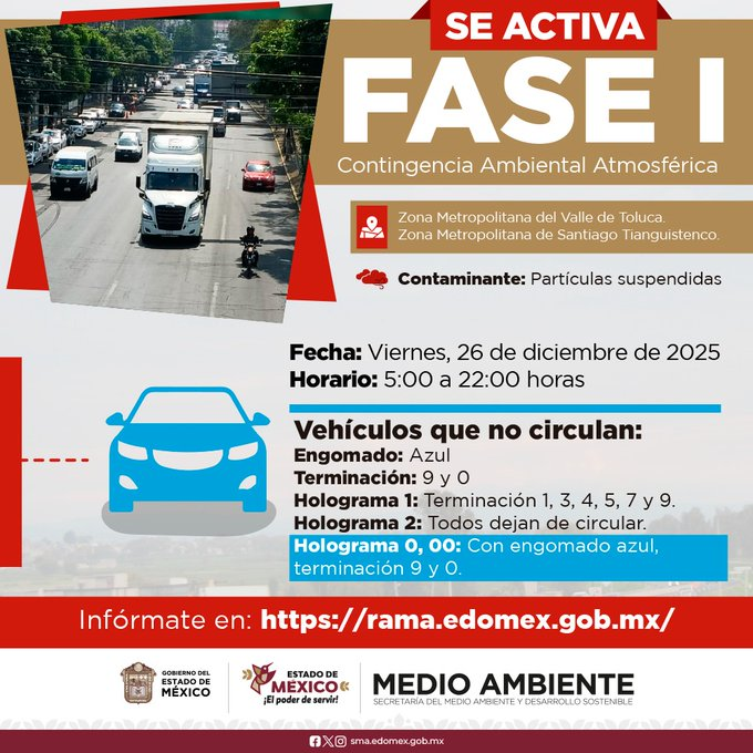 webcamsdemexico's tweet photo. ⚠️ Aviso muy importante del @DGPCCA_Edomex ⚠️
🚨 Hoy #26DeDiciembre así aplica el Acuerdo #HoyNoCircula 🚫en #Fasel de #ContingenciaAmbiental Atmosférica.
Zona Metro del Valle de Toluca y Zona Metropolitana de Santiago Tianguistenco. https://t.co/Q828LYMZdP