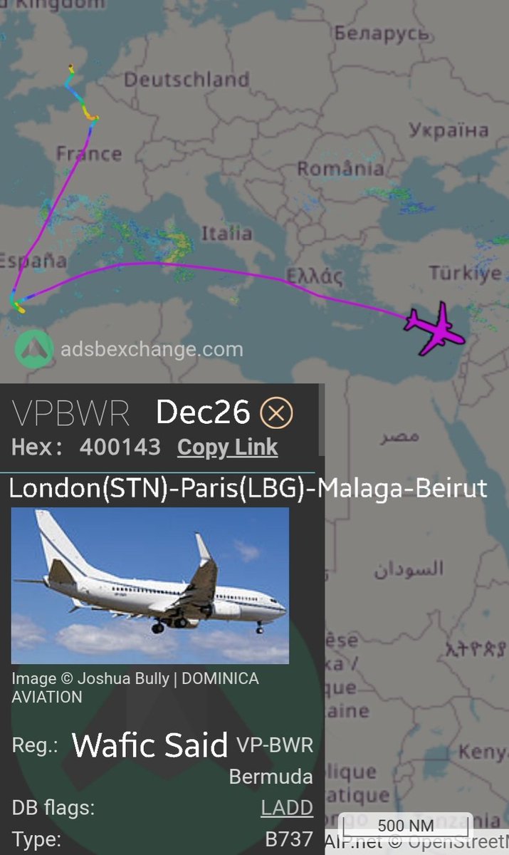 LebanonJets's tweet photo. Wafic Said's 737BBJ #VPBWR started the day in London(STN) then Paris(LBG) then Malaga &amp; now arriving into Beirut. Same jet comes here often most recently on Nov12. Also uses LADD to hide ID tracking hex 400143 https://t.co/WMt8ET90px