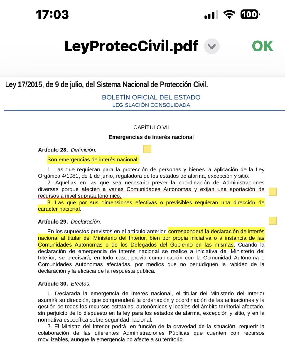 #TEM26D Ante una emergencia que afectó al menos a CUATRO comunidades autónomas la aplicación de esta Ley era indiscutible. Así es que tanto como Marlaska como la delegada del gobierno en Valencia y no solo Mazón son culpables. Y sin mirar a la ministra Ribera la de filtros verdes