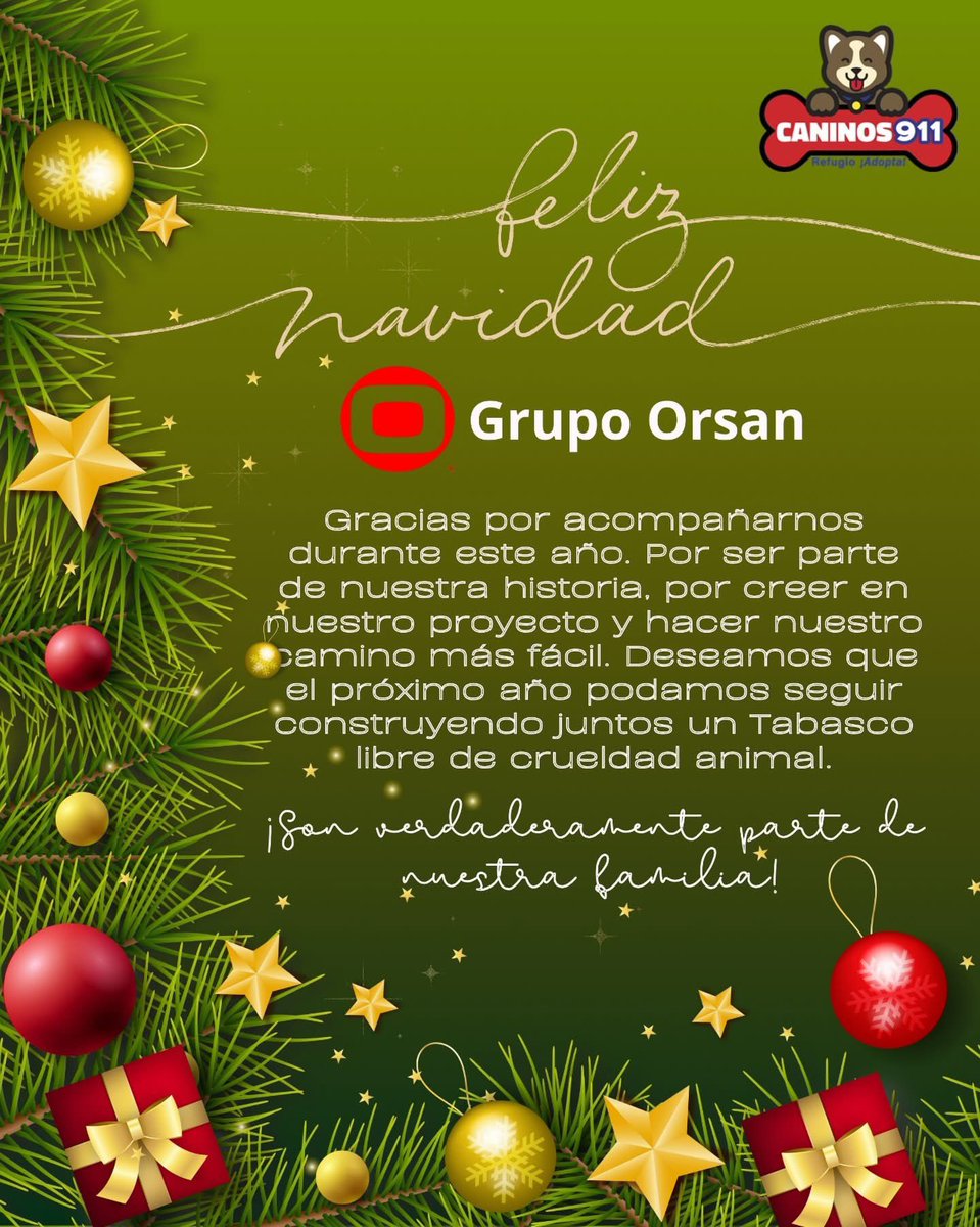 Gracias <a href="/grupo/">Grupo</a>.orsan por acompañarnos durante este año. Por ser parte de nuestra historia, por creer en nuestro proyecto y hacer nuestro camino más fácil. Deseamos que el próximo año podamos seguir construyendo juntos un Tabasco libre de crueldad animal.
¡ Feliz Navidad ! 🎁🎄🎅