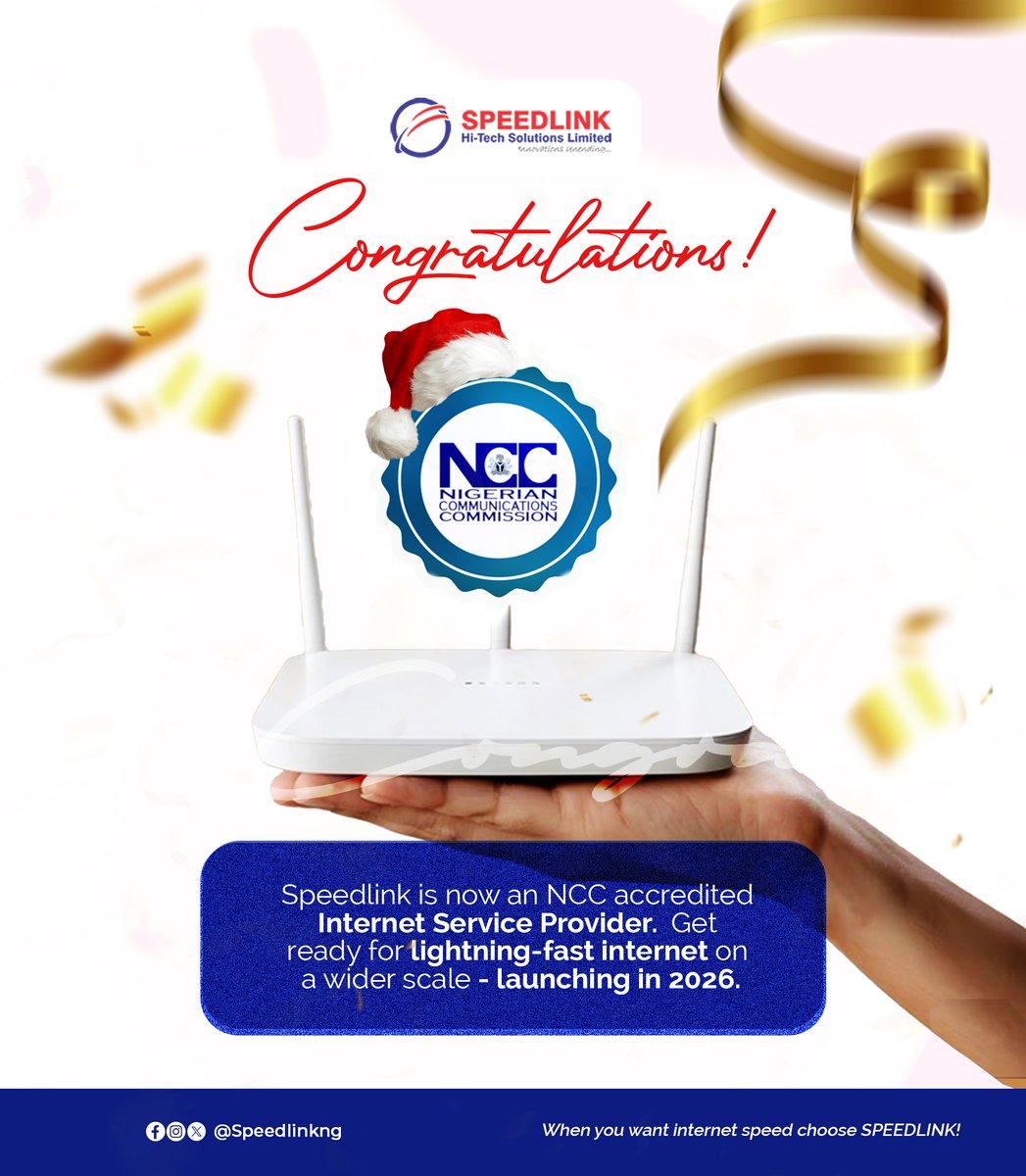 Christmas came early for us!🎄✨
Speedlink Hi-Tech Solutions is now a fully licensed Internet Service Provider (ISP). Yes—alongside Smile, Spectranet, MTN, Glo &amp; Starlink.

We’re set for something big come 2026. Watch out! 🔥

#speedlink #mtn #internet #MerryChristmas