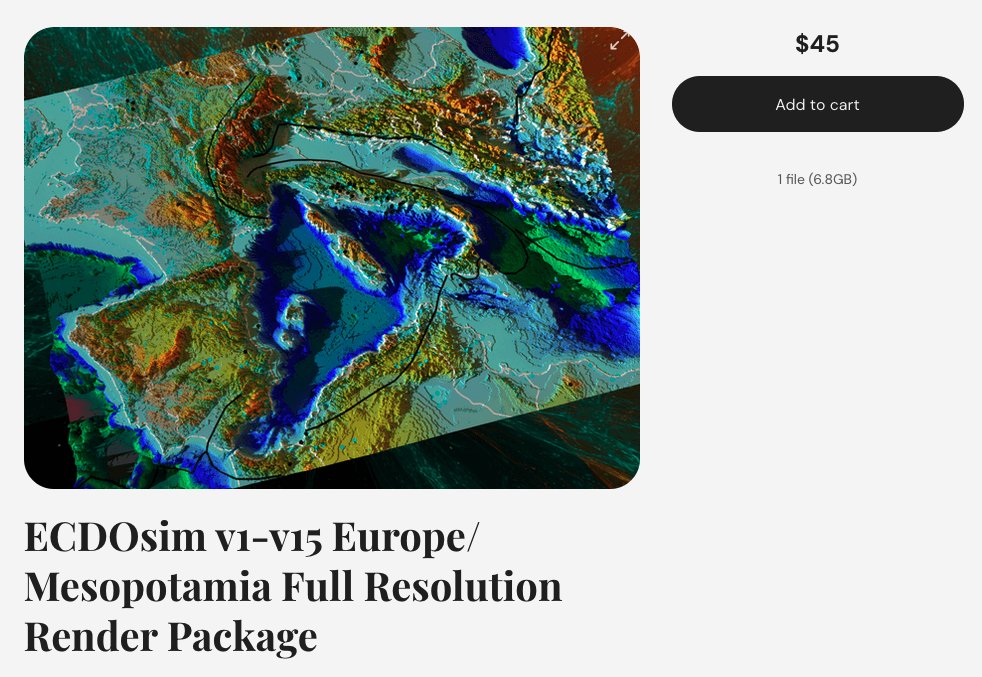 junhoBTC's tweet image. I am releasing the ECDOsim v1-v15 full resolution render package for Europe/Mesopotamia. 116 full resolution videos are included, along with (new) stills, global views, terrain renders, unshared test renders, and ECDOsim close-up data snippets.

Link: junhobtc.sellfy.store/p/ecdosim-v1-v…