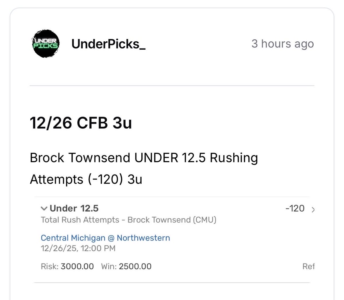 UnderPicks_'s tweet image. 🚨FREE 3U VIP CFB PLAY🚨

🔒Brock Townsend UNDER 12.5 Rushing Attempts (-120) 3u🔒

🔥🤝GOING FOR 6 STRAIGHT IN A ROW!🔥🤝