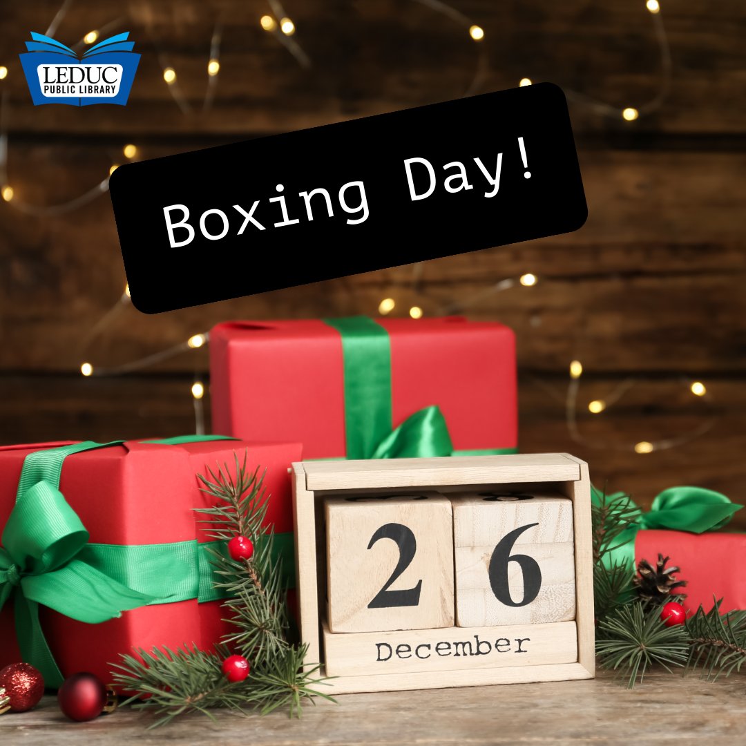LeducLibrary's tweet photo. Happy Boxing Day! 🎁 The library is closed today, but we’ll be back tomorrow, December 27th, at 10 am to welcome you with all your favorite reads, resources, and more. Enjoy the holiday season, and we can’t wait to see you soon!

#BoxingDay #HolidayHours #Leduc #LeducCounty https://t.co/1YTD4s90L6