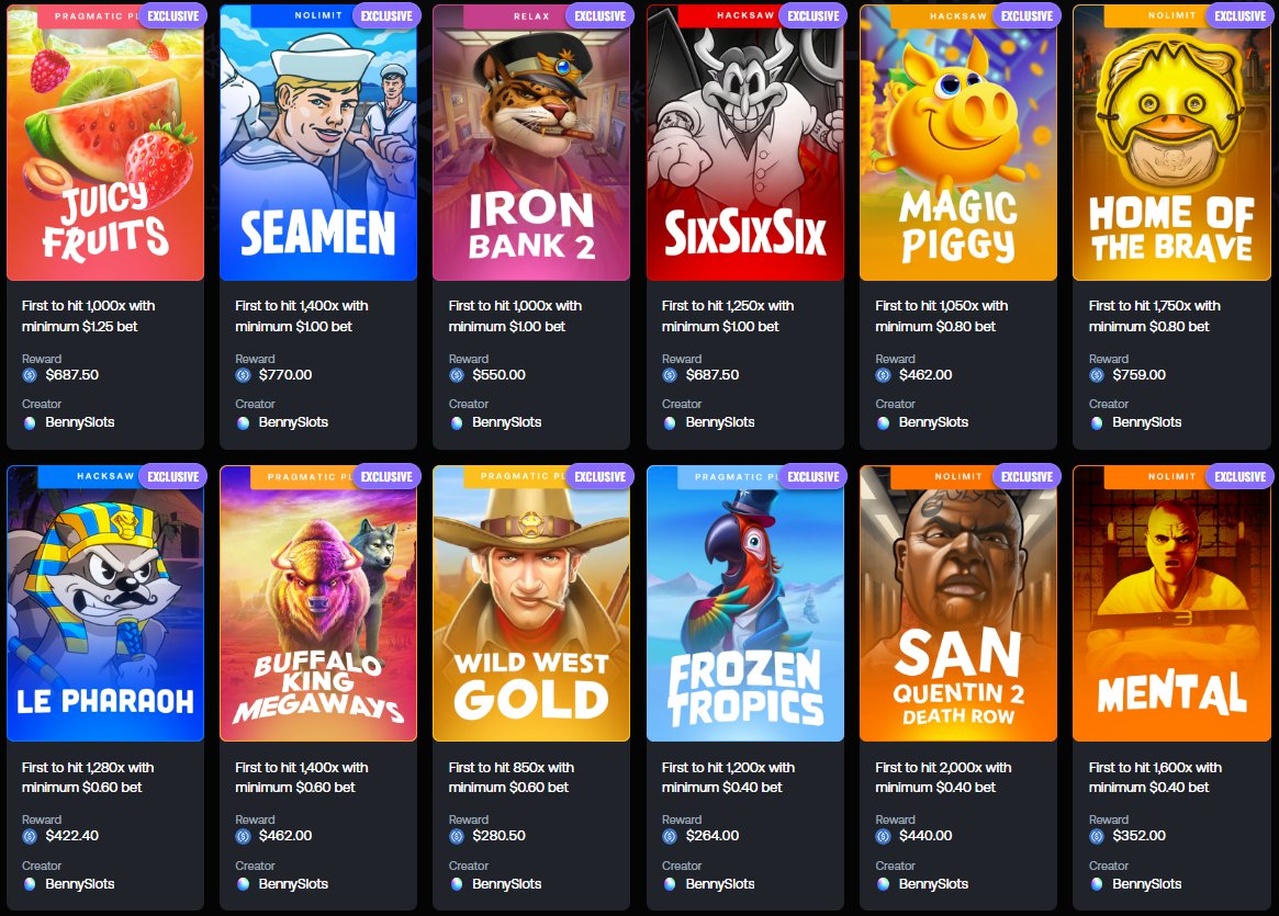 $7,500 across 19 challenges just went LIVE! 🎯

We've got 19 challenges this week for $7,500 in TOTAL rewards! Bet sizes range from $0.20 up to $1.25 so ALL code 'Benny' users get a chance!

More info:
discord.gg/bennyslots

💸RT &amp; Reply with your Shuffle username! ($20)