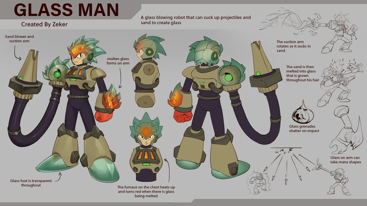 Zeker_Art's tweet image. Entry Category: Robot Master Design

Pen name: Zeker

Glass man: Created as a glass blowing robot for glassware used household kitchens. Wanting to create glass sculptures of his own he revolts from his original job. 

#DesignARobotMaster  #MegaManDO