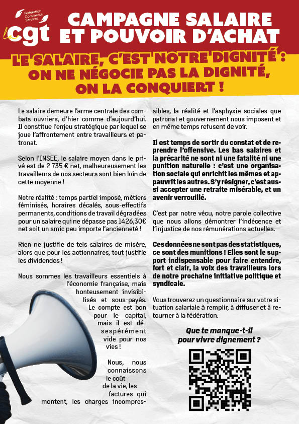 La fédération #CGT commerces et services lance une campagne salaire et pouvoir d'achat 1 à compléter en ligne ↩️ #salaires 
commercecgt.fr/enquete-salari…