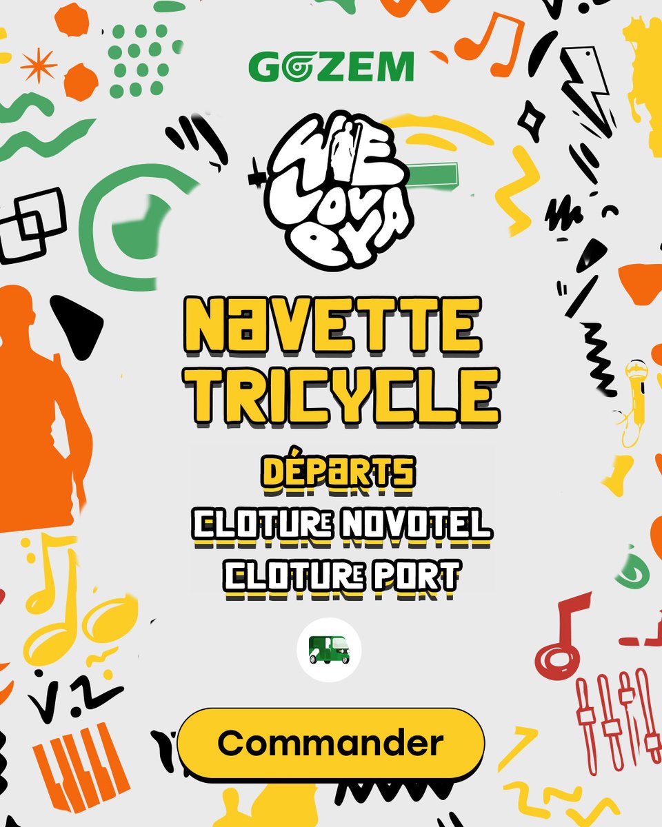 🛺 @weloveyafestival  + @gozembenin , on vous déplace en toute tranquillité !
Pour tous les festivaliers, une navette tricycle est assurée.

📍 Départ : Clôture du Novotel – Mur du Port
🎯 Arrivée : Place de l’Amazone

Merci à Weloveya pour la confiance ! On s’occupe du reste.