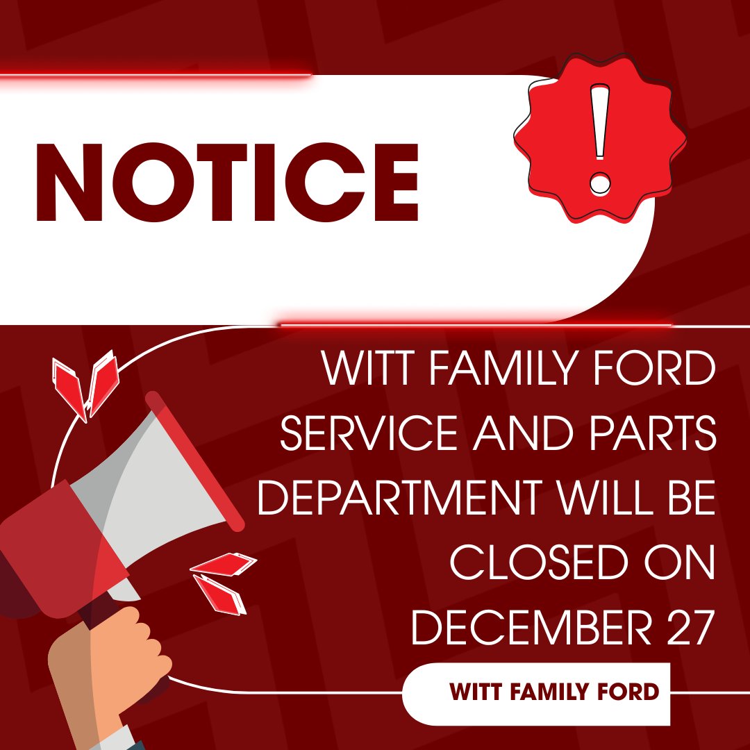 Holiday Hours Update:

Service and Parts will be closed Tomorrow, December 27 at Witt Family Ford Pulaski.

The Sales Department  remains open at both our Pulaski and Crivitz locations.
Normal Service and Parts hours resume Monday.