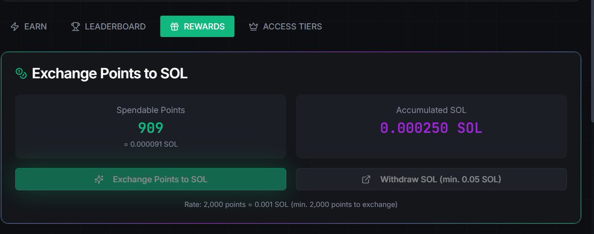 Click2Earn_'s tweet image. 🔁 Click2Earn — Rewards System

💎 Earn points by clicking
🔄 Exchange points directly to SOL
📊 Track accumulated SOL in real time
💸 Withdraw when reaching the minimum threshold

Simple. Transparent. On-chain logic.
Built on @solana ⚡️

#Solana #ClickToEarn #Web3 #Crypto #DeFi