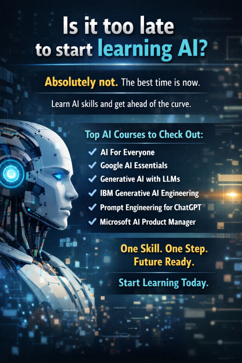 Everyone keeps asking the same question lately:
“Is it too late to start learning AI?”

Short answer: Absolutely not.

In fact, this might be the best time.

AI isn’t just for engineers anymore.
It’s for marketers, founders, product managers, students, and anyone who wants to