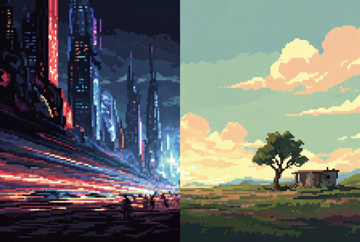 Which world would you like to live in?

Full-blown Cyberpunk or All-too-simple, natural, and calm?