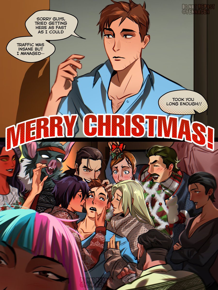 Fennagenagain's tweet image. Everyone is kissing robert on christmas, the bed is made of mistletoe #dispatch #robertrobertson