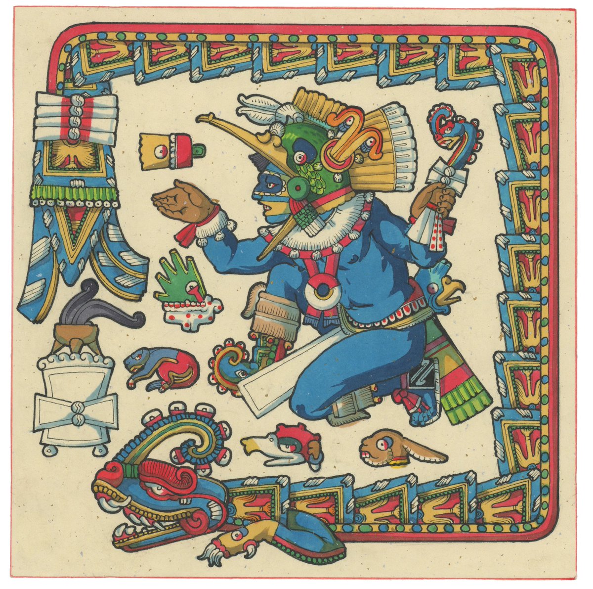 Huitzilopochtli stands at the center of this painting, surrounded by the xiuhcoatl and the five day-signs of the South. Midwinter is His moment. The Sun is reborn, and His light begins its return.
Print: etsy.com/listing/967900…