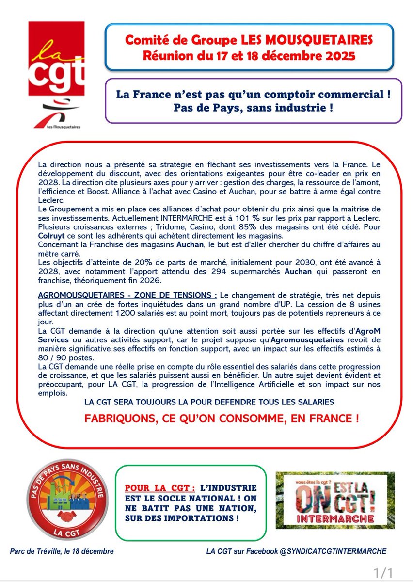 Information de LA CGT suite à la réunion du Comité de groupe du 17 et 18 décembre 2025.
PAS DE PAYS SANS INDUSTRIE ! 
Solidarité et grosse pensée pour l'ensemble des travailleurs des usines et des fonctions supports !
#industrie #emploi #CGT