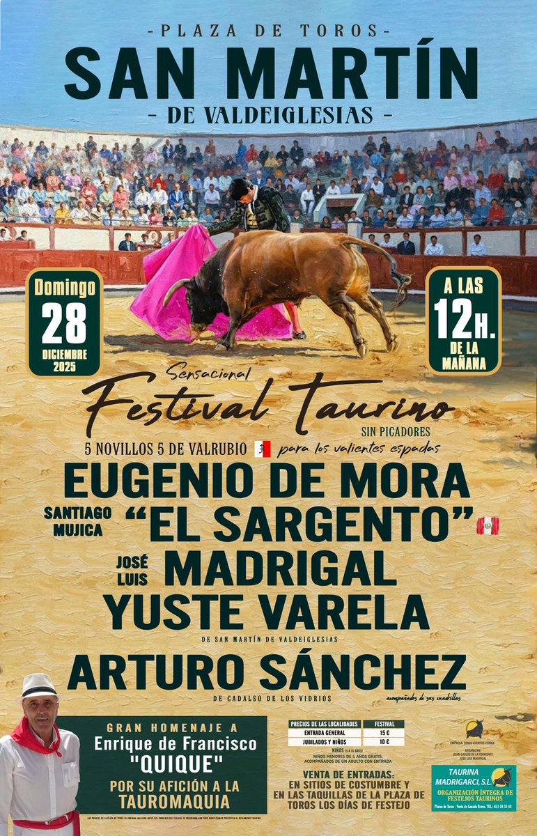 Este domingo 28 Festival Taurino en San Martín de Valdeiglesias.

Podremos disfrutar de J.A. Yuste Varela el cual además será nuestro próximo maestro de la academia Chenel y Abad en la clase práctica del 31 de enero.

Nos vemos en San Martín!
