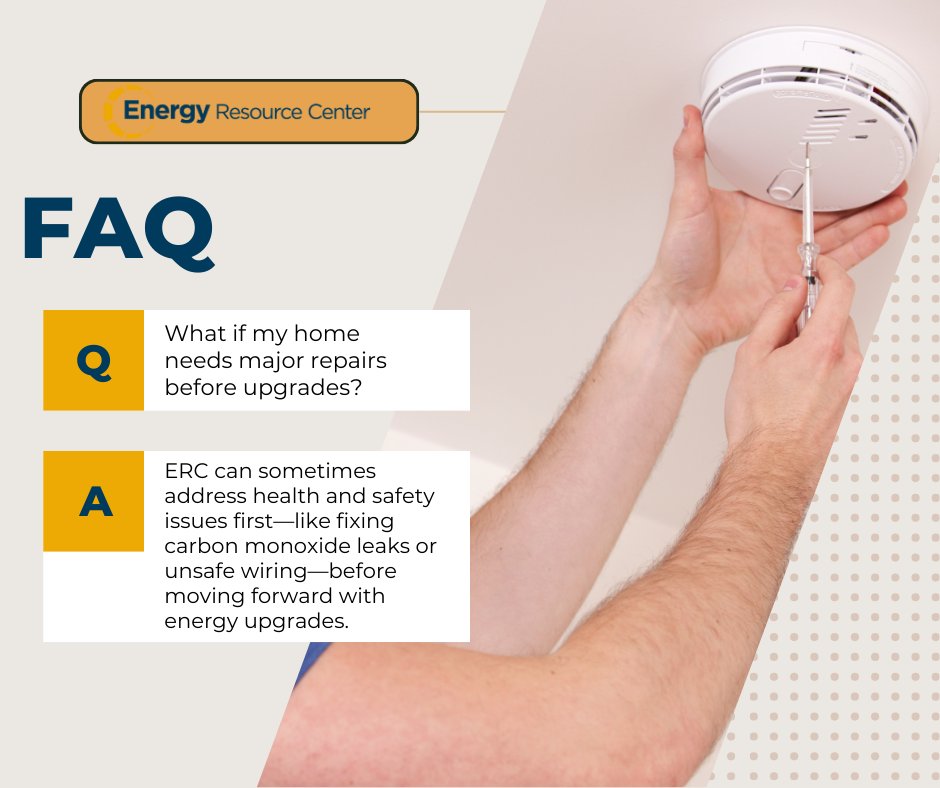FAQ Friday ❓
What if my home needs major repairs first?
💡 Safety comes first. ERC may address health &amp; safety issues like CO leaks or unsafe wiring before energy upgrades—so your home is safe and efficient. 🏡
#FAQFriday #EnergyResourceCenter #HomeSafety