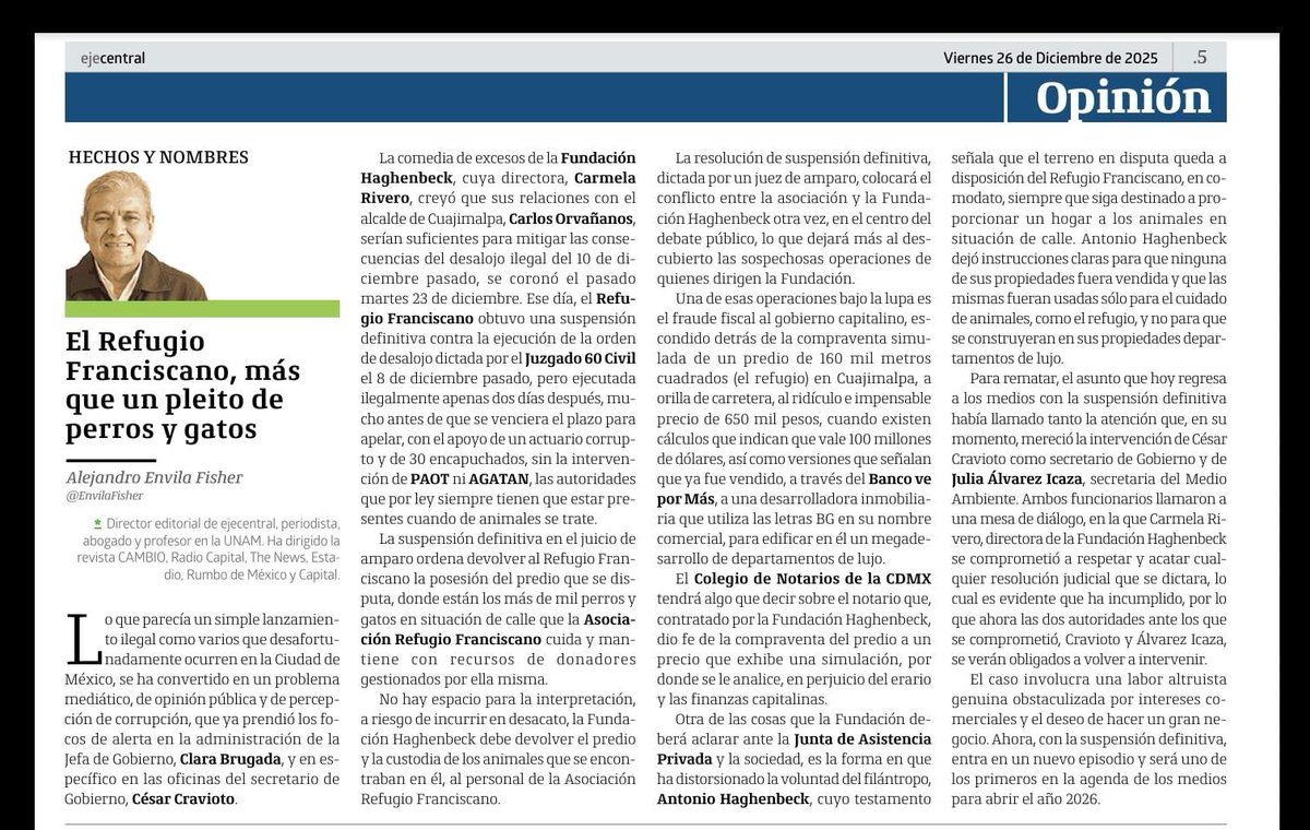 Con toda claridad,<a href="/EnvilaFisher/">Alejandro Envila</a> en <a href="/EjeCentral/">EjeCentral</a> explica la situación que vive el <a href="/Ref_Franciscano/">REFUGIO FRANCISCANO AC</a>" ante la maldad de quien dirige la <a href="/FAHaghenbeck/">FAH</a> y la corrupción de la <a href="/JAP_CDMX/">Junta de Asistencia Privada de la Ciudad de México</a> del <a href="/GobCDMX/">Gobierno de la Ciudad de México</a>.
EL REFUGIO FRANCISCANO  NECESITA EL APOYO de <a href="/ClaraBrugadaM/">Clara Brugada Molina</a>.
 share.google/gbrg7HLMPGP3W5…