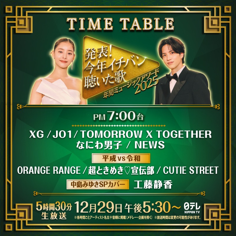 musicday_ntv's tweet photo. ╭━━━━━━━━━━━━━━━╮

　#今年イチバン聴いた歌
　#年間ミュージックアワード2025
　　  ⏰タイムテーブル発表⏰

╰━━━━━━━ｖ━━━━━━━╯

あす夜5時30分から
5時間30分生放送🎤

タイテをスワイプで確認👇

@musicday_ntv をフォローして
最新情報をチェック✅
