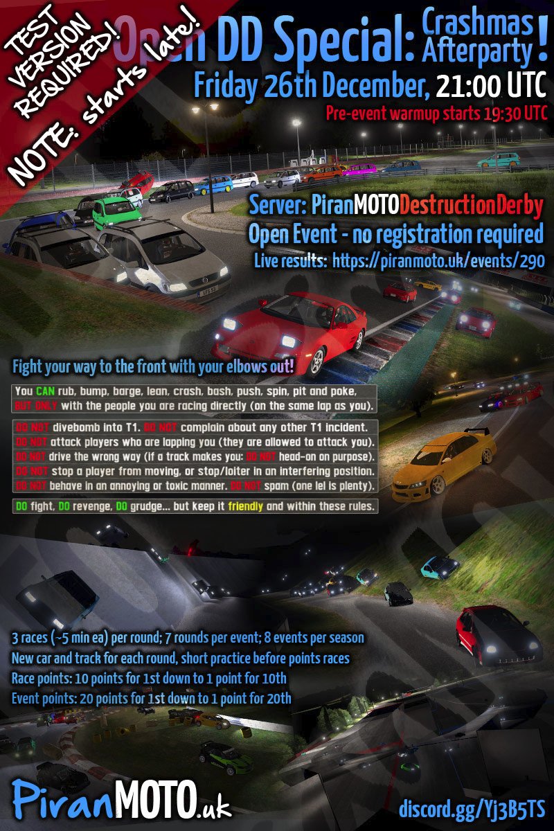 LFSracing's tweet photo. Busy Boxing Day!
Two more events after the live streamed "This is Crashmaaas!"
- 18:00 This is Crashmaaas!
https://t.co/2gA1f4lVoy
- 21:00 Fragmaster's Fox Friday Season Finale
https://t.co/Cq4GQAfWhc
- 21:00 PiranMOTO Destruction Derby Crashmas Afterparty
https://t.co/oz2oB3qDKz https://t.co/bYF7V9iWLC