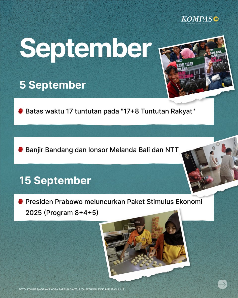 hariankompas's tweet photo. Peristiwa yang terjadi pada Agustus-September 2025.
#PeristiwaBesar2025 #KilasBalik2025 #HarianKompas #Kompasid #AdadiKompas https://t.co/brOC4H5K3D