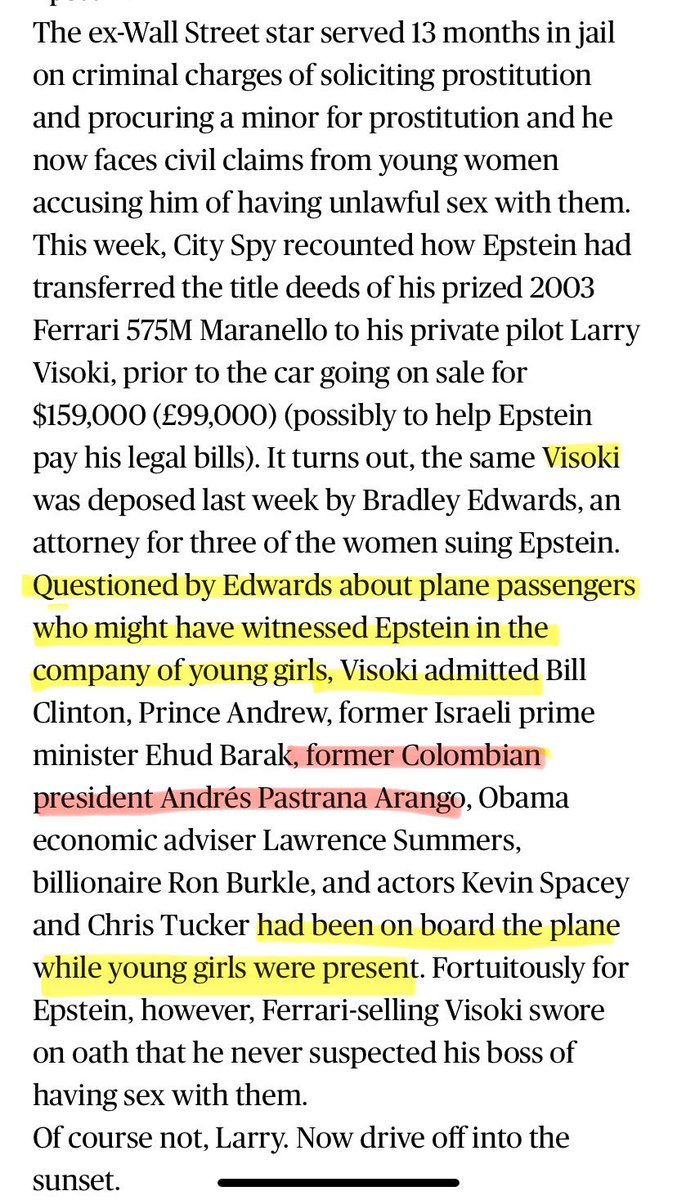 BandalosSC's tweet photo. #ArchivosEpstein - Durante una declaración judicial rendida ante Bradley Edwards, abogado de víctimas de Jeffrey #Epstein, el piloto del “Lolita Express” Larry #Visoki dijo haber presenciado al magnate en compañía de niñas. Bajo juramento, el piloto reconoció que Andrés #Pastrana Arango se encontraba a bordo de la aeronave en vuelos en los que también había menores de edad presentes.