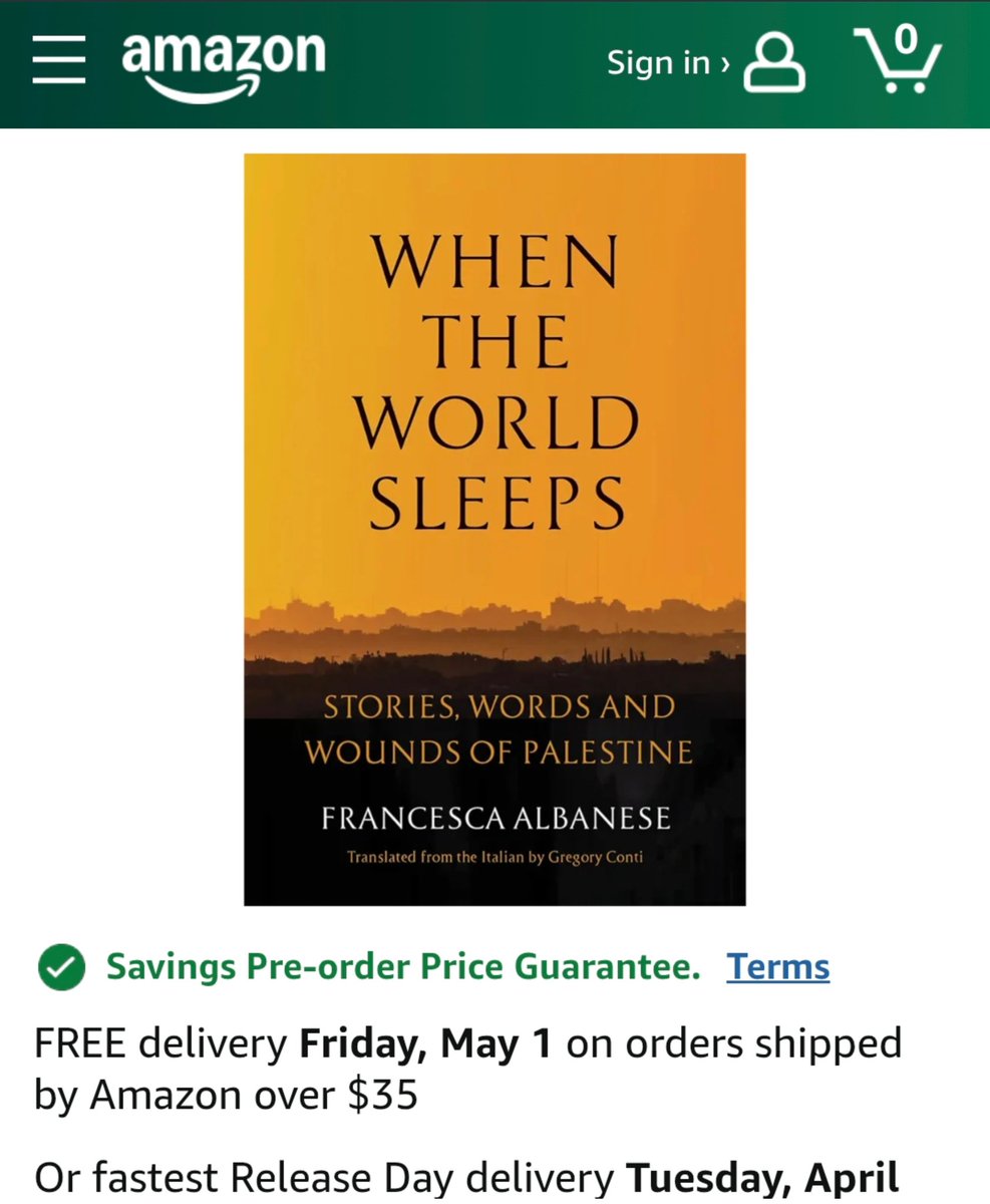 EFischberger's tweet image. Is @amazon violating U.S. sanctions by selling Francesca Albanese's book?