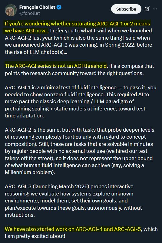 the goalpost will shift to a different part of the jagged frontier:

AGI is passing the turing test
it passes the turing test

no, AGI is if it can beat humans at competitive coding
it beats humans at competitive coding

no, that's not AGI — AGI is if it can win imo gold
it wins
