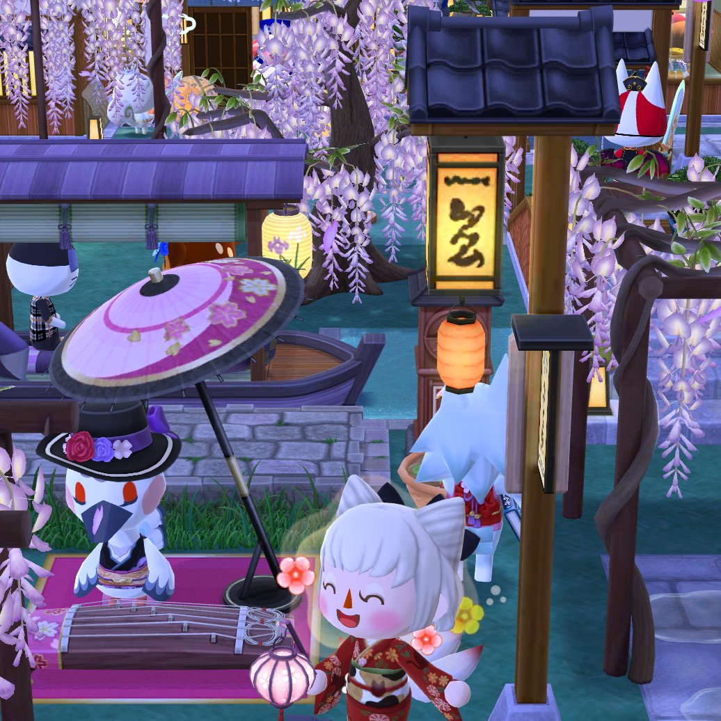 SalmonplayerRen's tweet photo. ✨口袋動森1月佈置：紫藤古都✨

想說去年就已經佈置過新年神社的部分
今年就混合做成水道古都感覺
本來想使用楊柳
但紫藤花垂吊更適合春天將臨的感覺👍
荷花池是自己很喜歡的部分
（花開季節就不要太計較了🫣）
#ポケ森写真部 https://t.co/UQtxw8smHe