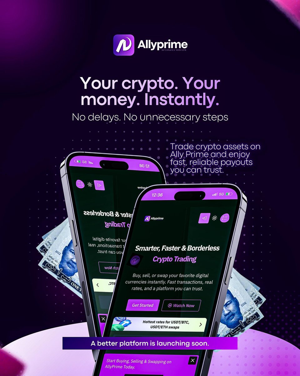 ALLYPRIME01's tweet photo. Your crypto. Your money. No delays.
Trade crypto assets and get paid instantly with ALLY PRIME.
Coming soon🚀💜
#InstantPayout #CryptoAssets #FintechNigeria #ComingSoon https://t.co/0Ufm4hmHku