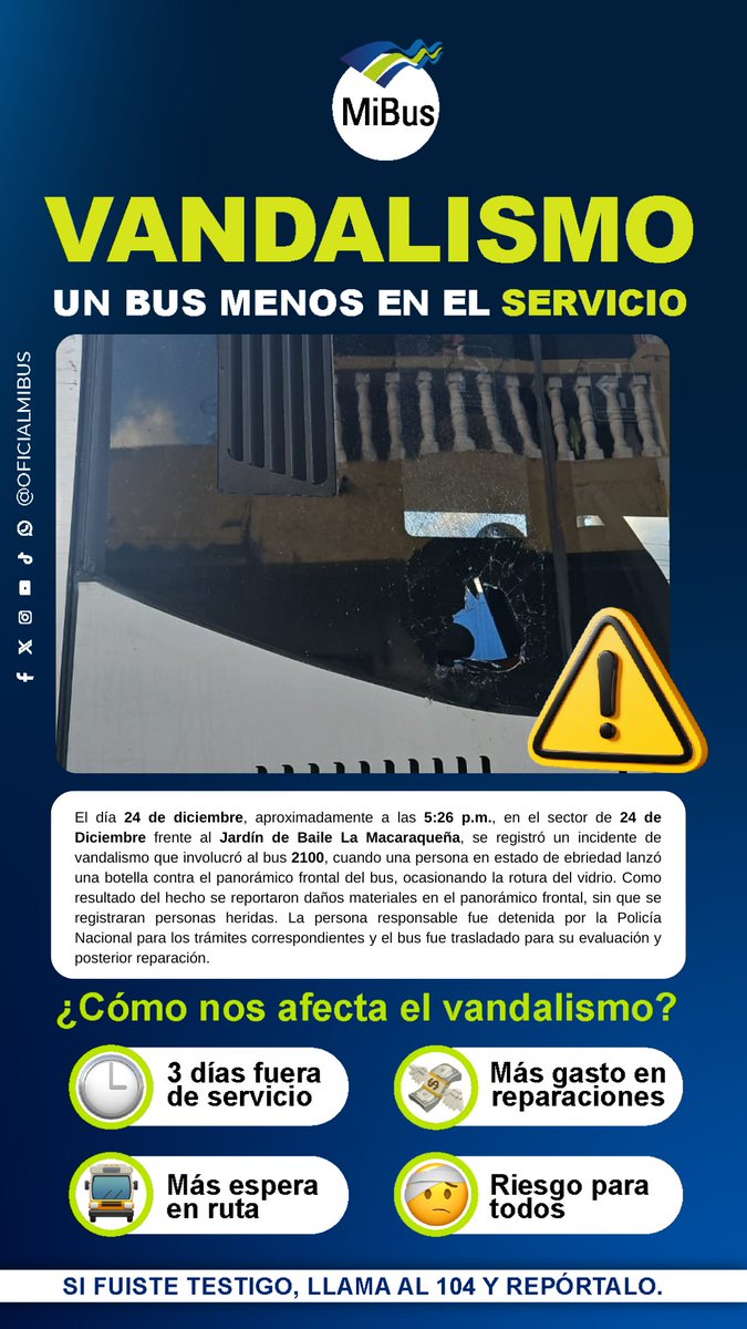 #Alerta #NuevoVandalismo #UnBusMenos 
Este tipo de actos vandálicos ponen en riesgo la vida de nuestros clientes y del conductor.  
Cada vandalismo significa otro bus fuera de circulación🚫#CuidaTuBus
<a href="/casafa47/">CarlosSanchezFabrega</a>