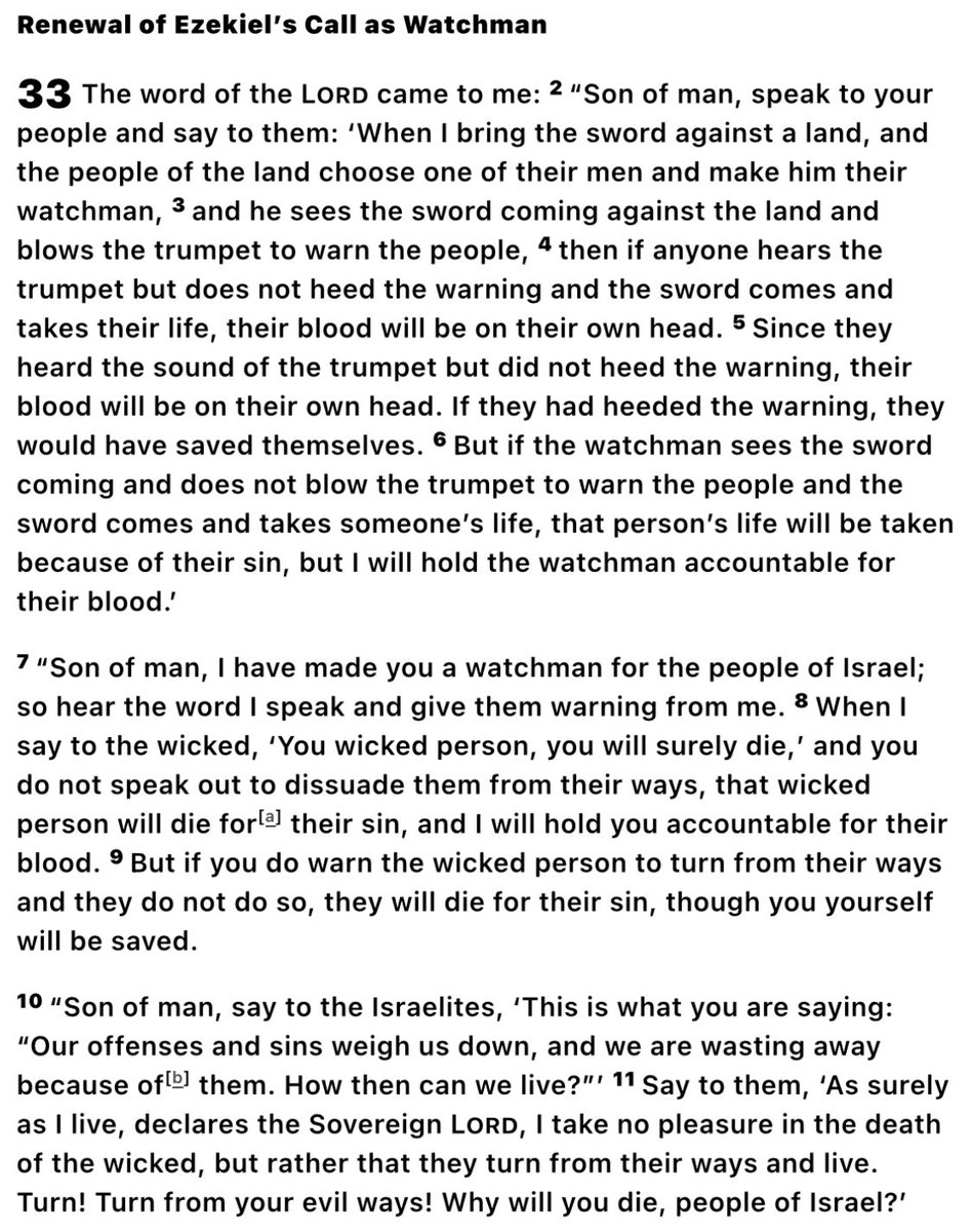 <a href="/thegabriel72/">GABRIEL 🪽</a> He is living out Ezekiel 33:1-11
It is our job to warn people, if we don’t, then we are also held responsible for their sins. 

The watchman’s job is to  warn the city. If the city doesn’t respond, the watchman has still done his job.