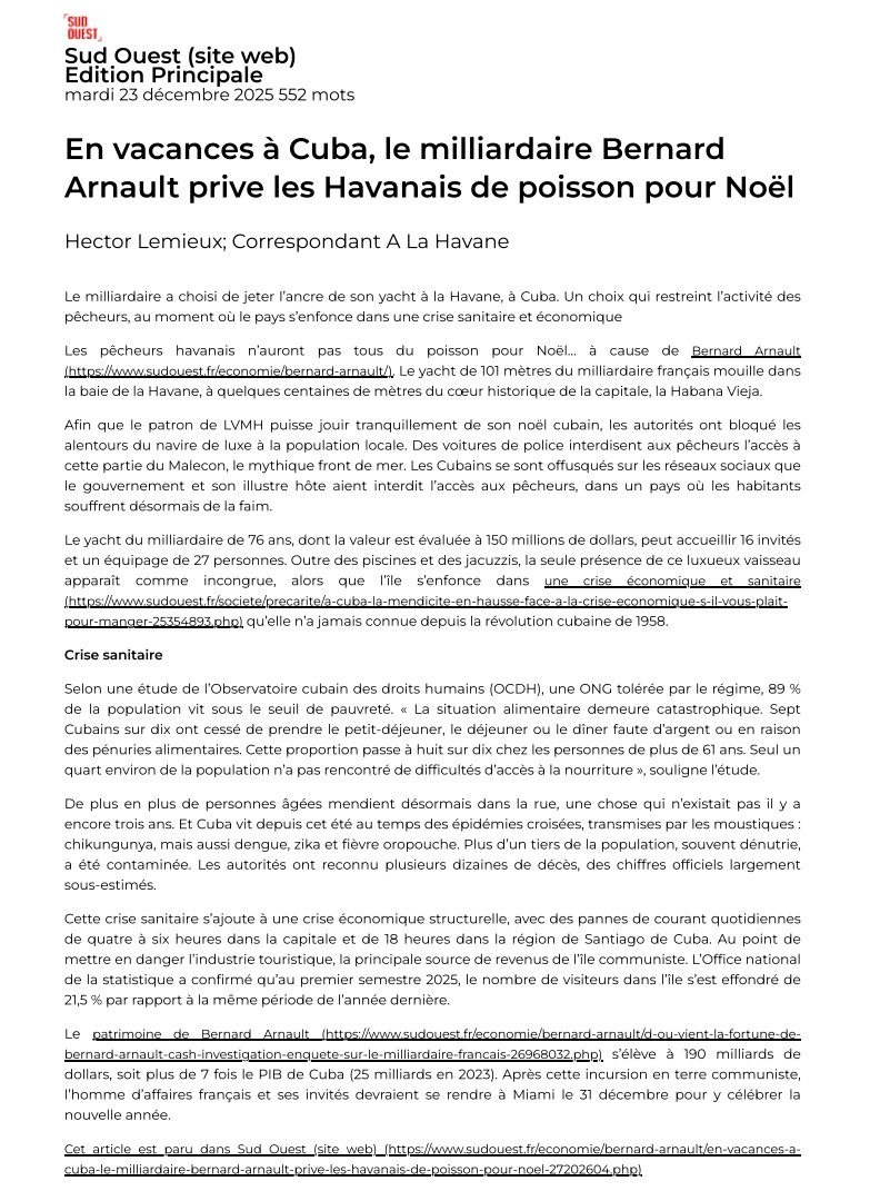 LLP_Le_Vrai's tweet image. Vu la #censure de cet article sur Bernard #Arnault par la presse française puisqu'il a totalement disparu du Net : "En vacances à Cuba, le milliardaire Bernard Arnault prive les Havanais de poisson pour Noël", on le reposte ici :