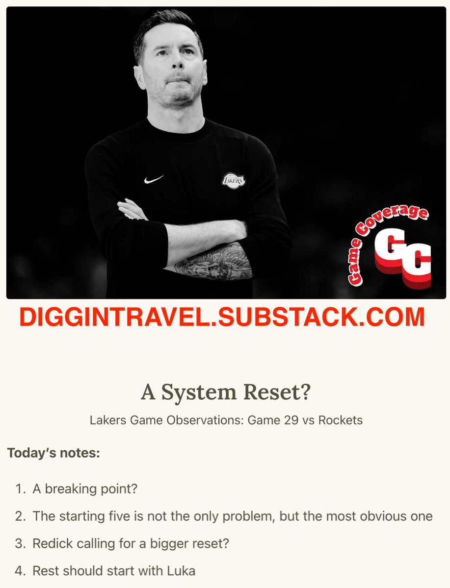 After the Suns loss, I wrote about a system breakdown. Two days later, a system reset feels unavoidable.

On Redick, why the starting five has to go, and why the reset needs to start with Luka👇
tinyurl.com/lakers-need-re…