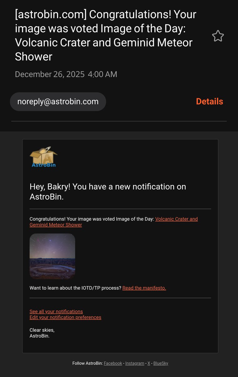 BakryBaso's tweet image. بفضل الله، إنجاز أعتبره أكبر وأصعب إنجاز حققته منذ دخولي مجال التصوير الفلكي. أكثر من أربع سنوات من المحاولة، واليوم حمدلله تحقق 🤲🏻

أكبر منصة في العالم للتصوير الفلكي (AstroBin) اختارت صورتي لشهب التوأميات فوق فوهة الوعبة البركانية في المملكة العربية السعودية ك "صورة اليوم…