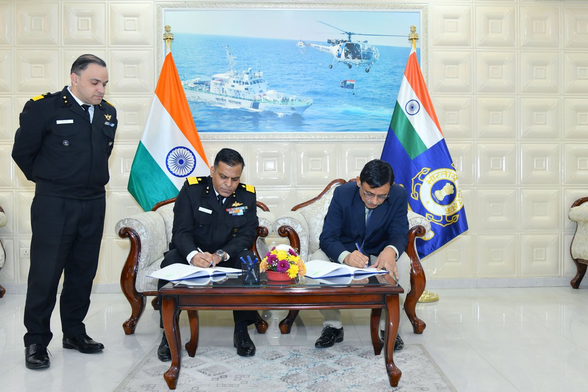 IndiaCoastGuard's tweet photo. In line with GoI #AatmanirbharBharat, initiative @IndiaCoastGuard today inked a deal with L&T Precision Engineering & Systems at #CGHQ, #NewDelhi for procurement of six (06) Rail-Less Helo Traversing Systems #RLHTS for indigenously built Next-Generation #OPVs. The agreement was signed by the Principal Director (Air Acquisition), #CGHQ and Vice President, L&T, in the presence of Deputy Director General (Aviation). The #RLHTS aims at enhancing safe helicopter operations by ensuring reliability and flexibility in maritime environments, marking a significant stride towards defence self-reliance. 
#MakeInIndia #DefenceIndigenisation