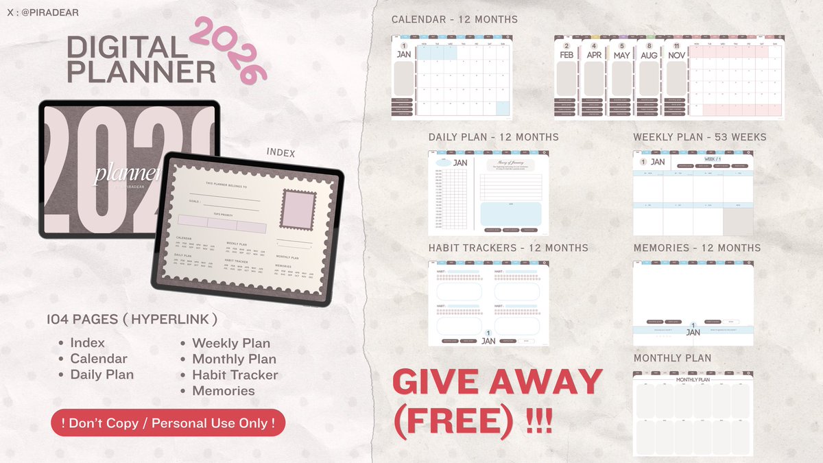 piradear's tweet image. ~  .   * give away — 2026 PLANNER  : :⠀🧺
104 pages ( hyperlink )

fav + repost  ܸ.  ♡̥̍   ݁     𓈒ּ   file in reply 👇🏻
 ! no copy / personal use only !

#planner2026 #แจกแพลนเนอร์ #giveawayplanner #แพลนเนอร์2568 #แพลนเนอร์2025 #freeplanner #planner #แพลนเนอร์ฟรี