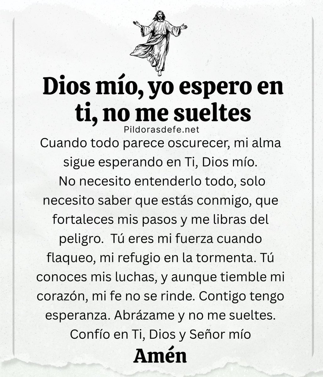 Te agradezco, Jesús, por la persona que hoy reza esta oración desde lo profundo de su corazón, con la certeza de que tú siempre lo acompañas y que no lo sueltas de su mano.

Te pido que lo abraces, le ilumines su camino y lo revistas con la fuerza de tu Santo Espíritu.

Amén. 🙏
