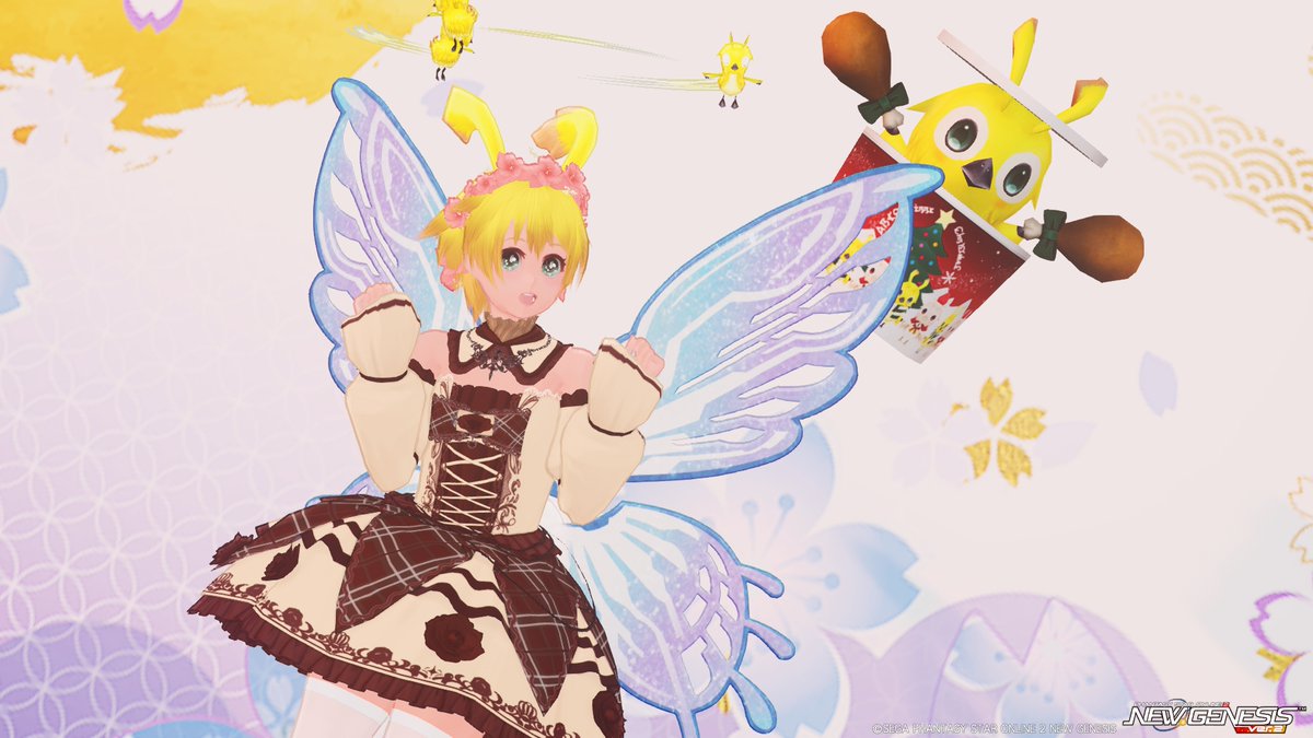 hosino_melissa's tweet image. 今回のスクラッチの景品の
PH「和風ポスター2(Ob)」の裏側面を背景にして記念撮影！ｗ

裏側面はピンク色基調になってて、かわいらしい！ｗ

#星野メリッサの思い出のアルバム #PSO2NGS_SS #PSO2_SS