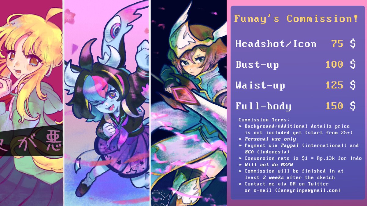 funayfunay's tweet image. [🔁+❤️ very appreciated!]
hi everyone! i am opening cms for January! Price has been lowered for now, you can fill the request form in my vgen or gform below! 
you can ask me through my mail or discord if you have any inquiries! thank you 🐣